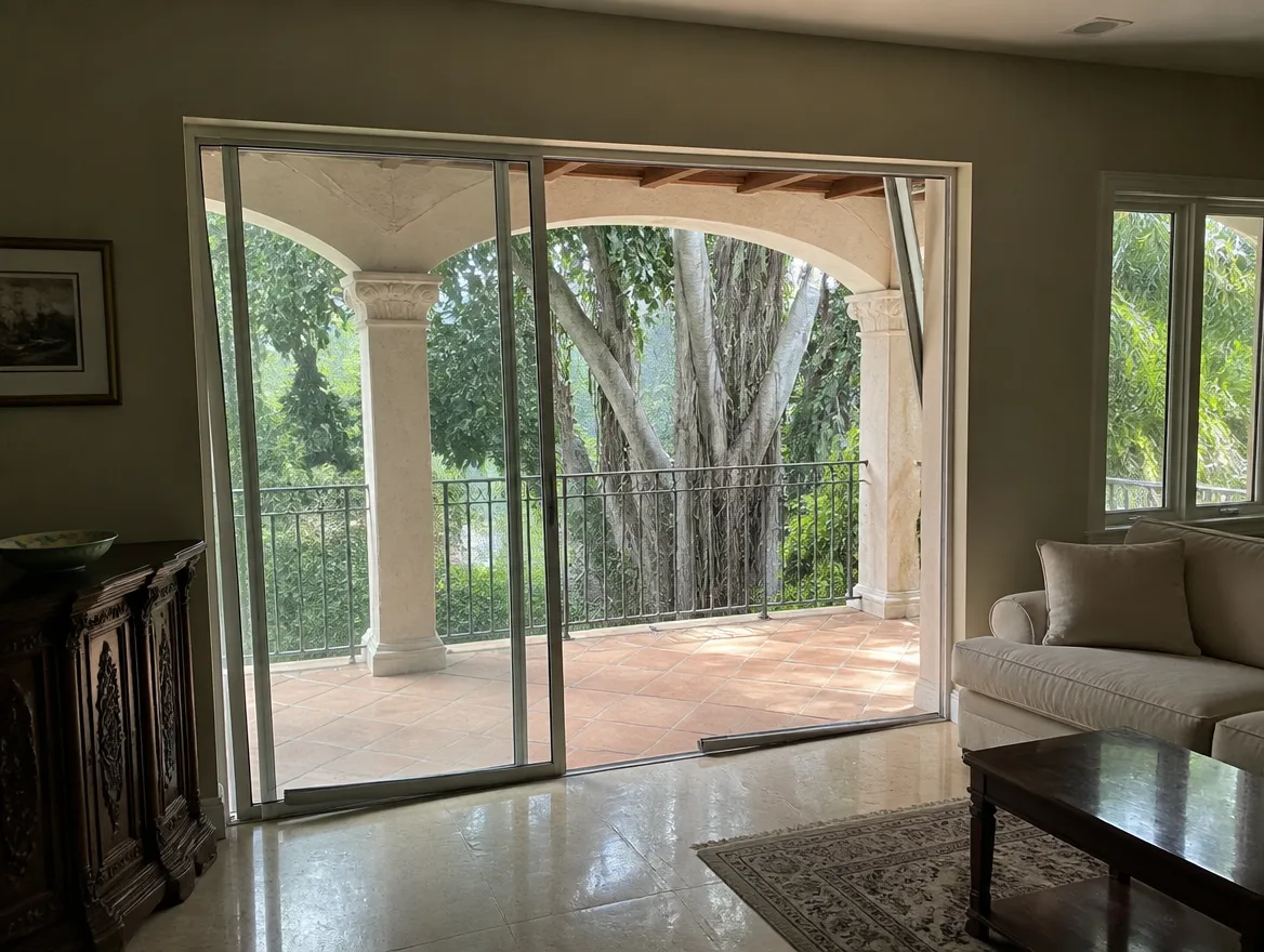 Worn sliding door track with salt-air pitting common in Coral Gables coastal homes